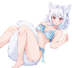 Rule 34 | 1girl, animal ear fluff, animal ears, bare legs, barefoot, between legs, bikini, blue bikini, blush, breasts, chestnut mouth, commentary request, dot nose, fang, feet out of frame, frills, hand on own chest, hands up, inubashiri momiji, knees together feet apart, looking at viewer, lying, medium breasts, medium hair, no headwear, on back, open mouth, pink eyes, rururiaru, simple background, skin fang, solo, swimsuit, tail, tail between legs, touhou, white background, white hair, wolf ears