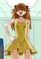 Rule 34 | 1girl, absurdres, bare arms, bare legs, bare shoulders, blue eyes, breasts, brown hair, cleavage, dress, eywy4324, feet out of frame, hand on own hip, highres, interface headset, long hair, looking at viewer, neon genesis evangelion, open mouth, shaded face, small breasts, solo, souryuu asuka langley, sundress, two side up, yellow dress