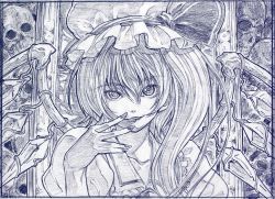 Rule 34 | 1girl, embodiment of scarlet devil, female focus, flandre scarlet, graphite (medium), hand on own face, hat, looking at viewer, monochrome, one side up, ponytail, sakino shingetsu, side ponytail, skull, solo, touhou, traditional media, upper body, wings