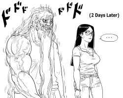 Rule 34 | ..., 1boy, 1girl, asymmetrical arms, bb (baalbuddy), beard, breasts, collarbone, commentary, coomer (meme), dress, english commentary, english text, facial hair, facing away, glasses, greyscale, highres, long beard, long hair, looking at another, meme, monochrome, muscular, muscular male, original, simple background, speech bubble, tank top, thick arms, veins, veiny arms, white background