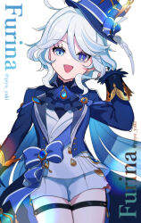 Rule 34 | 1girl, artist name, blue eyes, blue hair, blue hat, blue jacket, character name, furina (genshin impact), genshin impact, gloves, hair between eyes, hat, heterochromia, highres, jacket, long hair, long sleeves, looking at viewer, meshi kue yo, multicolored hair, open mouth, shorts, smile, solo, streaked hair, top hat, twitter username, white background, white gloves, white hair, white shorts