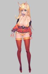 Rule 34 | 1girl, absurdres, bare shoulders, bikini, blonde hair, blue eyes, boots, breasts, cacaco, cameltoe, choker, cleft of venus, full body, grey background, groin, hair between eyes, highres, horns, jacket, large breasts, lips, long sleeves, micro bikini, midriff peek, no pants, oni, oni horns, open clothes, open jacket, original, parted lips, red choker, red footwear, red jacket, simple background, solo, standing, swimsuit, thigh boots, thighhighs, yellow bikini, zipper