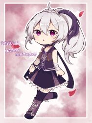 Rule 34 | 1girl, :&lt;, bandaged arm, bandages, blush, boots, chibi, choker, cross-laced footwear, dated, fishnet gloves, fishnets, flower (vocaloid), flower (vocaloid3), full body, gloves, happy birthday, highres, lace-up boots, long hair, looking at viewer, multicolored hair, open mouth, petals, ponytail, purple eyes, purple hair, rageno0000, shirt, single glove, skirt, sleeveless, sleeveless shirt, solo, thighhighs, vest, vocaloid, white hair