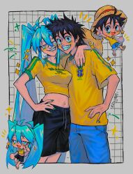 Rule 34 | !, 1boy, 1girl, absurdres, ahoge, arm on another&#039;s shoulder, arm over shoulder, artist name, black eyes, black hair, black pants, blue eyes, blue shorts, cheek press, chibi, chibi inset, clothes writing, cropped legs, cropped shirt, denim, denim shorts, facepaint, flag print, green nails, grin, hair between eyes, hand on another&#039;s shoulder, hand on own hip, hat, hat on back, hat ribbon, highres, leg up, long hair, midriff, monkey d. luffy, notice lines, one piece, pants, ribbon, sainttufa, sandals, shirt, short hair, short sleeves, shorts, smile, sparkle, sparkling aura, standing, straw hat, sweatpants, t-shirt, twintails, v, very long hair, vocaloid, yellow shirt