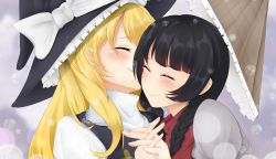 Rule 34 | 2girls, ^ ^, ajirogasa, black hair, black vest, blonde hair, blunt bangs, blush, bow, braid, brown headwear, buttons, capelet, closed eyes, closed mouth, commentary request, dress, frilled hat, frills, grey dress, happy, hat, hat bow, unworn hat, unworn headwear, highres, holding hands, interlocked fingers, juliet sleeves, kirisame marisa, long hair, long sleeves, multiple girls, outdoors, puffy sleeves, ribbon, shirt, smile, snow, tearing up, tears, touhou, turtleneck, twin braids, unlock-creed, upper body, very long hair, vest, white bow, white shirt, witch hat, yatadera narumi, yuri