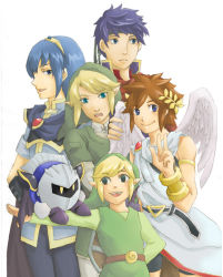 Rule 34 | 5boys, armor, blonde hair, blue eyes, blue hair, brown hair, cape, fire emblem, fire emblem: mystery of the emblem, fire emblem: path of radiance, gloves, green eyes, hairband, headband, ike (fire emblem), kid icarus, kirby (series), link, male focus, manly, marth (fire emblem), mask, meta knight, multiple boys, nintendo, pit (kid icarus), pointy ears, shield, shield on back, smile, super smash bros., the legend of zelda, the legend of zelda: twilight princess, tiara, toon link, wings