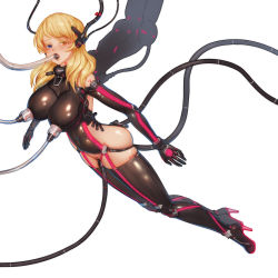 Rule 34 | 1girl, bare shoulders, blonde hair, blue eyes, blush, bodysuit, boots, breasts, full body, furrowed brow, heterochromia, high heel boots, high heels, highres, large breasts, long hair, looking at viewer, qingmingtongzi, renown (warship girls r), simple background, skindentation, solo, thigh boots, thighhighs, warship girls r, white background, yellow eyes