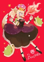 Rule 34 | 1girl, anklet, black dress, black footwear, black nails, blonde hair, bowsette, bracelet, character name, choker, crown, dress, fire, forengmenot, horns, jewelry, mario (series), new super mario bros. u deluxe, nintendo, open mouth, pointy ears, ponytail, red background, sharp teeth, solo, spiked anklet, spiked bracelet, spiked choker, spiked shell, spiked tail, spikes, super crown, tail, teeth, turtle shell
