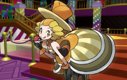 Rule 34 | 1girl, battle chatelaine, battle maison, black gloves, black pantyhose, blonde hair, breasts, cleavage, creatures (company), dress, feet out of frame, flat chest, game freak, gloves, hat, holding, holding poke ball, indoors, looking at viewer, mizutani megumi, nintendo, nita (pokemon), official art, pantyhose, poke ball, poke ball (basic), pokemon, pokemon tcg, pokemon xy, short hair, solo, stairs, standing, striped, third-party source, top hat, uniform, vertical stripes, yellow dress, yellow eyes, yellow hat, yellow theme