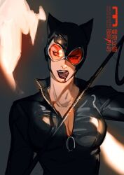Rule 34 | 1girl, animal hood, blood, blood from mouth, breasts, cat hood, catwoman, cleavage, collar, dc comics, highres, holding, holding whip, hood, injury, jacket, large breasts, leather, leather jacket, licking lips, looking at viewer, open mouth, red lips, sunglasses, teeth, tobu (bilibil), tongue, tongue out, whip