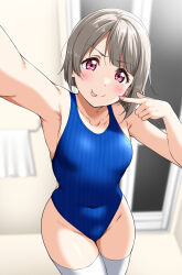 1girl :p armpits bare_arms bathroom blue_one-piece_swimsuit blush collarbone competition_swimsuit grey_hair highres indoors looking_at_viewer love_live! love_live!_nijigasaki_high_school_idol_club nail_polish nakasu_kasumi one-piece_swimsuit outstretched_arms pink_eyes selfie short_hair solo swimsuit thighhighs tongue tongue_out towel white_thighhighs yopparai_oni