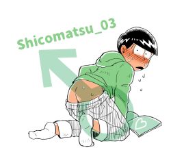 Rule 34 | 10s, 1boy, ass, bad id, bad twitter id, black hair, blush, butt crack, clothes pull, heart, hood, hoodie, looking at viewer, looking back, male focus, male masturbation, mars symbol, masturbation, matsuno choromatsu, osomatsu-kun, osomatsu-san, osomatsu (series), pants, pants pull, pornography, shiyo, simple background, socks, solo, sweat, white background