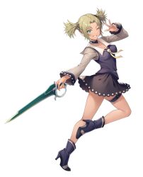 Rule 34 | 1girl, absurdres, black skirt, breasts, choker, commission, droite (tales), e (eokiba), earrings, full body, green eyes, green hair, green nails, hair rings, high heels, highres, holding, holding sword, holding weapon, jewelry, medium breasts, nail polish, one eye closed, sidelocks, skirt, skull brooch, smile, solo, sword, tales of (series), tales of vesperia, thigh ring, transparent background, twintails, v, weapon