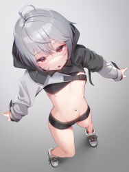 Rule 34 | 1girl, :o, ahoge, bike shorts, clothes lift, commentary request, crop top, expressionless, fang, flat chest, foreshortening, from above, grey background, grey hair, groin, highres, hood, hooded jacket, jacket, legs apart, looking at viewer, midriff, nail polish, navel, noah gaa, original, outstretched arms, parted lips, red eyes, shoes, short hair, short shorts, shorts, simple background, skin fang, sneakers, solo, sports bra, spread arms, standing, stomach, strap, tsurime, yellow nails