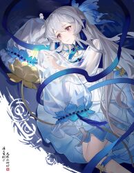 Rule 34 | 1girl, absurdres, arknights, awakeningdog, blue dress, blue ribbon, closed mouth, commentary request, dress, feet out of frame, flower, gradient dress, hair ribbon, highres, index finger raised, long hair, long sleeves, lying, mulberry (arknights), mulberry (reflection that of the moons) (arknights), official alternate costume, on side, pink eyes, ribbon, ripples, see-through, see-through sleeves, sleeves past fingers, sleeves past wrists, smile, solo, translation request, very long hair, very long sleeves, white dress, white hair, yellow flower