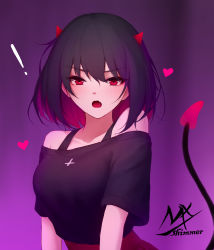 Rule 34 | !, 1girl, absurdres, artist name, bad id, bad pixiv id, black-haired demon girl (shimmer), black hair, black shirt, breasts, collarbone, demon girl, demon horns, demon tail, heart, highres, horns, looking at viewer, medium breasts, multicolored hair, off-shoulder shirt, off shoulder, open mouth, original, pleated skirt, red eyes, red hair, red skirt, saliva, shimmer, shirt, short sleeves, skirt, solo, tail, two-tone hair, upper body