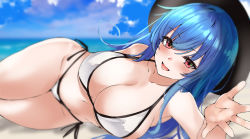 Rule 34 | 1girl, aged up, bad id, bad twitter id, bare arms, bare shoulders, bikini, black hat, blue eyes, blue sky, blurry, breasts, cleavage, collarbone, day, depth of field, hat, highres, hinanawi tenshi, large breasts, long hair, looking at viewer, lying, on side, outdoors, red eyes, side-tie bikini bottom, sky, smile, solo, summer, swimsuit, touhou, white bikini, yuhito (ablbex)