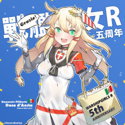 Rule 34 | 1girl, aosora kamiya, bag, blonde hair, blue background, carrying, character name, commentary request, copyright name, crown, dress, emanuele filiberto duca d&#039;aosta (warship girls r), gloves, green eyes, hair ornament, hair tie, highres, italian flag, italian text, jewelry, long hair, long sleeves, looking at viewer, low-tied long hair, medium dress, multicolored choker, open mouth, partial commentary, pendant, smile, solo, standing, warship girls r, waving, white dress, white gloves