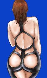 Rule 34 | 1girl, ass, blue background, brown hair, cowboy shot, curvy, from behind, lowres, matoyama, oekaki, pinup (style), solo