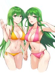 Rule 34 | 2girls, ;d, bare arms, bare shoulders, bikini, chuu (rinet), commentary request, cropped legs, erinys (fire emblem), fire emblem, fire emblem: genealogy of the holy war, fire emblem: mystery of the emblem, green eyes, green hair, hand up, highres, holding hands, long hair, looking at viewer, multiple girls, navel, nintendo, one eye closed, open mouth, orange bikini, outdoors, palla (fire emblem), pink bikini, side-tie bikini bottom, simple background, sky, smile, standing, stomach, swimsuit, thighs, very long hair, white background, yellow bikini