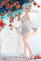 Rule 34 | 1girl, bad id, bad pixiv id, bare shoulders, blonde hair, blue eyes, blurry, commentary request, depth of field, dress, flower, from side, full body, hair bun, high heels, highres, looking at viewer, looking to the side, original, plant, sabet (young ouo), see-through, see-through silhouette, shoes, short hair, single hair bun, skirt hold, solo, standing, strapless, strapless dress, sundress, trumpet creeper, white dress, white footwear