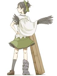 Rule 34 | 1girl, alternate hair length, alternate hairstyle, alternate wings, arm cannon, asymmetrical footwear, asymmetrical wings, black wings, cape, female focus, from behind, grey hair, hand on own hip, kawashina (momen silicon), mismatched footwear, reiuji utsuho, short hair, short ponytail, simple background, skirt, socks, solo, standing, tomboy, touhou, weapon, white background, wings