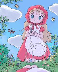 Rule 34 | 1girl, 1nupool, bee, blonde hair, blue eyes, blush stickers, bonnet, bug, commentary, day, dragonfly, grass, highres, insect, long hair, original, outdoors, pov, reflection, ripples, sky, water