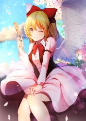 Rule 34 | 1girl, absurdres, angel wings, blonde hair, bow, bowtie, brown vest, cherry blossoms, collared shirt, commentary request, dango, feathered wings, food, gengetsu (touhou), grin, hair bow, hanami, highres, holding, juliet sleeves, long sleeves, one eye closed, pink shirt, pink skirt, puffy short sleeves, puffy sleeves, red bow, red bowtie, sea scorpion (umisasori), shirt, short sleeves, skirt, sleeve garter, smile, spring (season), touhou, touhou (pc-98), vest, wagashi, white wings, wings, yellow eyes