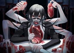 Rule 34 | 1boy, bags under eyes, bib, black hair, blood, blood bag, blood on face, blurry, blurry foreground, bridle, cannibalism, drooling, ear piercing, eating, extra arms, fangs, food, fork, goth fashion, guro, intravenous drip, looking at viewer, meat, monster boy, nail polish, original, pale skin, piercing, raw meat, red eyes, severed arm, severed limb, short hair with long locks, table, tablecloth, teeth, tongue, tongue out, utg amtu, white nails