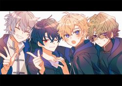 Rule 34 | 4boys, black hair, blonde hair, blue eyes, blue hair, blush, brown hair, closed mouth, faust lavinia, glasses, heathcliff blanchett, letterboxed, looking at viewer, looking to the side, mahoutsukai no yakusoku, multiple boys, naruta iyo, nero turner, one eye closed, open mouth, purple eyes, red eyes, shino sherwood, short hair, smile, v, wavy hair, white background