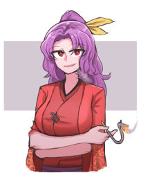 Rule 34 | 1girl, arms under breasts, blowing smoke, breasts, crossed arms, hair between eyes, hair ribbon, highres, holding, holding smoking pipe, japanese clothes, kimono, kiseru, komakusa sannyo, large breasts, looking at viewer, mata (matasoup), open mouth, ponytail, purple hair, red eyes, red kimono, red robe, ribbon, robe, simple background, smoke, smoking pipe, solo, touhou, unconnected marketeers, yellow ribbon