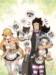 Rule 34 | 2boys, 2girls, animal, black hair, blue hair, breasts, cat, fairy tail, gajeel redfox, happy (fairy tail), highres, levy mcgarden, lucy heartfilia, maid, maid headdress, multiple boys, multiple girls, natsu dragneel, pantherlily, red hair, rusky, tagme, waitress