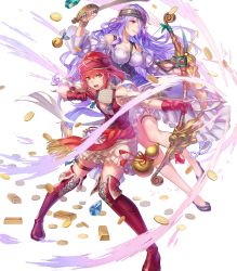 Rule 34 | 2girls, anbe yoshirou, arrow (projectile), bare shoulders, boots, bow (weapon), braid, breasts, camilla (fire emblem), cleavage, coin, collarbone, dress, female focus, fire emblem, fire emblem fates, fire emblem heroes, frills, full body, gem, gloves, gold, gold bar, hair over one eye, headband, highres, hinoka (fire emblem), holding, holding bow (weapon), holding sword, holding weapon, jewelry, large breasts, long hair, looking away, matching hair/eyes, multiple girls, necklace, nintendo, official art, open mouth, parted lips, pearl necklace, puffy short sleeves, puffy sleeves, purple hair, red eyes, red hair, short hair, short sleeves, smile, sword, thigh boots, thigh strap, thighhighs, transparent background, weapon
