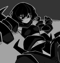 Rule 34 | 1girl, armpits, bare shoulders, black eyes, black gloves, black hair, black pants, black shirt, blush, bob cut, bound, bound arms, bound leg, bound torso, breasts, clenched hand, cropped shirt, elbow gloves, empty eyes, feet out of frame, furrowed brow, gloves, grey background, grey outline, greyscale, groin, hair between eyes, highres, looking down, lowleg, lowleg pants, maretenho, midriff, monochrome, monogatari (series), navel, oshino ougi, pants, parted lips, restrained, shirt, short hair, sketch, sleeveless, sleeveless turtleneck, small breasts, solo, spread legs, sweat, tentacles, turtleneck, worried