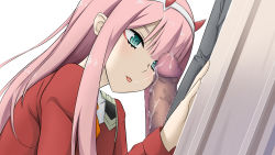 Rule 34 | 10s, 1boy, 1girl, absurdres, aqua eyes, censored, darling in the franxx, hair ornament, hairband, highres, horns, long hair, penis, pink hair, red horns, saliva, straight hair, tongue, tongue out, white background, white hairband, zero two (darling in the franxx)