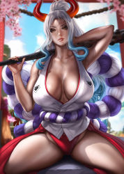 Rule 34 | 1girl, arm behind head, breasts, cleavage, dandon fuga, holding, holding weapon, horns, japanese clothes, kimono, long hair, one piece, oni horns, panties, rope, solo, spread legs, underwear, weapon, white hair, yamato (one piece)