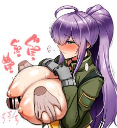 Rule 34 | 1girl, ahoge, grabbing another&#039;s breast, breasts, breasts out, disembodied limb, disembodied penis, gloves, gnome (last origin), grabbing, green eyes, green jacket, highres, jacket, kanno takanori, large areolae, large breasts, last origin, leotard, long hair, nipples, open clothes, open jacket, paizuri, penis, perpendicular paizuri, ponytail, purple hair, sweat, tears
