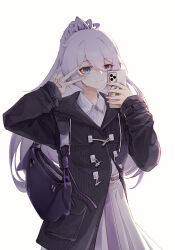 Rule 34 | 1girl, absurdres, bag, black bag, black jacket, blue eyes, chinese commentary, closed mouth, collared dress, commentary request, cowboy shot, dress, hair between eyes, hand up, high ponytail, highres, holding, holding phone, honkai (series), honkai impact 3rd, jacket, kiana kaslana, kiana kaslana (herrscher of finality), long hair, looking at viewer, merchandise, official alternate costume, partially open jacket, phone, shoulder bag, shuiyinzijun, simple background, smile, solo, standing, v, white background, white dress, white hair