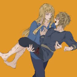Rule 34 | 2boys, adam&#039;s apple, akitan 111, androgynous, bare legs, barefoot, blonde hair, blood, blood on clothes, blue eyes, blunt bangs, blush, canute, carrying, carrying person, collarbone, embarrassed, eyelashes, face-to-face, feet, hand on another&#039;s chest, long hair, looking at another, male focus, messy hair, multiple boys, open mouth, orange background, parted lips, prince, scar, scar on leg, simple background, sweat, teeth, thorfinn, toes, tunic, upper teeth only, viking, vinland saga, yaoi