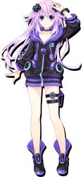 Rule 34 | 1girl, adult neptune, boots, bracelet, collar, collarbone, d-pad, d-pad hair ornament, full body, hair ornament, highres, hood, hooded track jacket, jacket, jewelry, long hair, looking at viewer, neptune (series), official art, purple eyes, purple hair, shin jigen game neptune vii, smile, solo, standing, thigh strap, track jacket, transparent background, tsunako, v