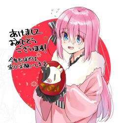 Rule 34 | 1girl, 2021, black gloves, blue eyes, bocchi the rock!, chinese zodiac, commentary request, fur-trimmed kimono, fur trim, gloves, gotoh hitori, hair over eyes, hair ribbon, hamazi aki, holding, japanese clothes, kimono, long hair, new year, pink hair, pink kimono, ribbon, solo, sweatdrop, translation request, upper body, wavy mouth, year of the ox