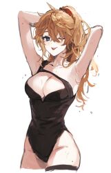 Rule 34 | 1girl, absurdres, armpits, arms up, black one-piece swimsuit, blue eyes, breasts, cleavage, cropped legs, genderswap, genderswap (mtf), genshin impact, hair between eyes, highres, long hair, looking at viewer, medium breasts, mup534, one-piece swimsuit, orange hair, ponytail, simple background, solo, swimsuit, tartaglia (genshin impact), tongue, tongue out, wet, wet hair, white background