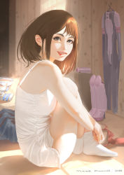Rule 34 | 10s, 1girl, absurdres, artist name, bare shoulders, black gloves, boku no hero academia, breasts, brown hair, casual, unworn clothes, dated, day, english text, from side, gloves, grin, hands together, highres, indoors, knees up, legs together, lipstick, looking at viewer, makeup, mars foong, medium breasts, parted lips, red lips, shirt, short hair, shorts, smile, socks, sunlight, tank top, teeth, uraraka ochako, watermark, white legwear, white shirt, white shorts