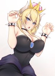 Rule 34 | 1girl, bare shoulders, black collar, black dress, blonde hair, blue eyes, blush, bowsette, bracelet, breasts, chichikoucha, claw pose, cleavage, collar, covered erect nipples, covered navel, crown, dress, earrings, frown, gem, gradient background, highres, horns, jewelry, large breasts, long hair, looking at viewer, mario (series), new super mario bros. u deluxe, nintendo, pointy ears, solo, spiked bracelet, spikes, strapless, strapless dress, super crown