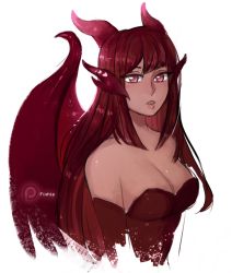 Rule 34 | 1girl, alternate color, animal ears, arm at side, bad link, bare shoulders, breasts, cleavage, dark-skinned female, dark skin, dragon girl, dragon horns, dragon wings, dress, elbow gloves, female focus, formal, from side, gloves, horns, jabberwock (monster girl encyclopedia), lips, long hair, looking at viewer, matilda fiship, medium breasts, monster girl, monster girl encyclopedia, parted lips, patreon logo, patreon username, pink eyes, red dress, red eyes, red hair, second-party source, simple background, sketch, solo, strapless, strapless dress, upper body, white background, wings