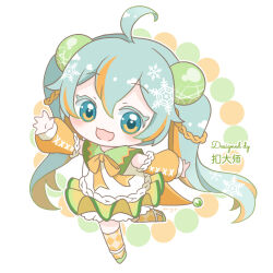Rule 34 | 1girl, ahoge, argyle clothes, argyle thighhighs, blue eyes, blue hair, borrowed design, braid, cantaloupe, chibi, collar, collared shirt, commentary, creator name, detached sleeves, food, food-themed hair ornament, frilled skirt, frills, fruit, full body, gradient skirt, green collar, green footwear, green skirt, hair ornament, hatsune miku, honeydew (fruit), leg up, light blue hair, light blush, long hair, looking at viewer, maguro (p-erc), melon ball, multicolored hair, neck ribbon, open mouth, orange eyes, orange hair, orange ribbon, orange skirt, orange sleeves, orange thighhighs, outstretched arms, ribbon, shirt, signature, skirt, smile, solo, standing, standing on one leg, streaked hair, thighhighs, twintails, two-tone hair, very long hair, vocaloid, white background, white shirt, yuki miku, yuki miku (2024) (applicant)
