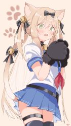 Rule 34 | 1girl, absurdres, animal ears, animal hands, bell, black bow, black gloves, black thighhighs, blue skirt, blush, bow, brown background, cat ears, cat girl, cat tail, commentary, cowboy shot, fur-trimmed gloves, fur trim, girls&#039; frontline, gloves, green eyes, hair between eyes, highres, jingle bell, kemonomimi mode, light brown hair, long hair, looking at viewer, neckerchief, official alternate costume, open mouth, paw gloves, pleated skirt, red neckerchief, shirt, short sleeves, signature, simple background, skindentation, skirt, solo, tail, tail bell, tail bow, tail ornament, tail raised, thighhighs, tmp (girls&#039; frontline), tmp (meow prism power) (girls&#039; frontline), tosyeo, two side up, very long hair, white shirt