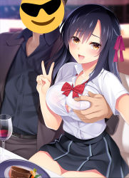 Rule 34 | 1girl, alcohol, belt, blue hair, blurry, blurry background, blush, bow, bowtie, bra, grabbing another&#039;s breast, breasts, covered face, cup, drinking glass, embarrassed, food, formal, grabbing, hair ribbon, highres, ikura nagisa, indoors, large breasts, legs, legs together, long hair, looking at viewer, open mouth, original, plate, ribbon, school uniform, see-through, shirt, sitting, skirt, smile, suit, sunglasses, thighs, unbuttoned, underwear, v, white shirt, wine, yellow eyes
