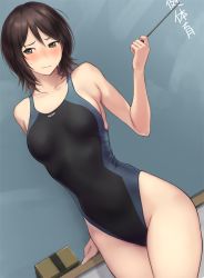 Rule 34 | 1girl, amagami, black one-piece swimsuit, blue one-piece swimsuit, blush, board eraser, brown eyes, brown hair, chalkboard, commentary request, competition swimsuit, cowboy shot, dutch angle, embarrassed, nose blush, one-piece swimsuit, pointer, serizawa (serizawaroom), short hair, solo, standing, swimsuit, takahashi maya, teacher, translation request