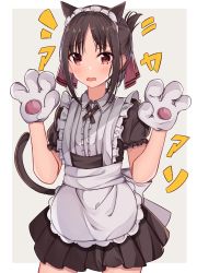 Rule 34 | 1girl, absurdres, animal ears, animal hands, apron, blush, brown background, brown dress, brown hair, cat ears, center frills, collared shirt, commentary request, cowboy shot, dress, folded ponytail, frills, gloves, hair ribbon, hands up, highres, kaguya-sama wa kokurasetai ~tensai-tachi no renai zunousen~, kemonomimi mode, norazura, open mouth, parted bangs, paw gloves, pleated dress, puffy short sleeves, puffy sleeves, red eyes, red ribbon, ribbon, shinomiya kaguya, shirt, short sleeves, sidelocks, solo, two-tone background, waist apron, wavy mouth, white apron, white background, white shirt